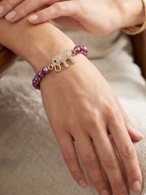 Red Crystal Elephant Stretch Bracelet with Gold Accents
